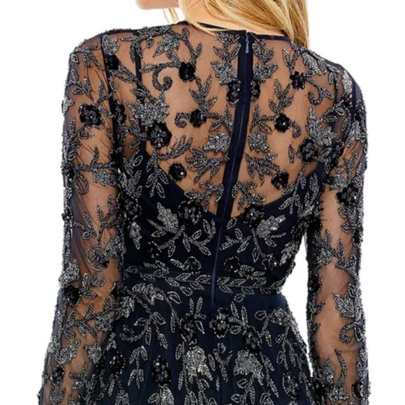 MAC DUGGAL 10799 BEADED ILLUSIONS HIGH NECK LONG SLEEVE A-LINE NAVY DRESS sz 16 - Picture 5 of 5